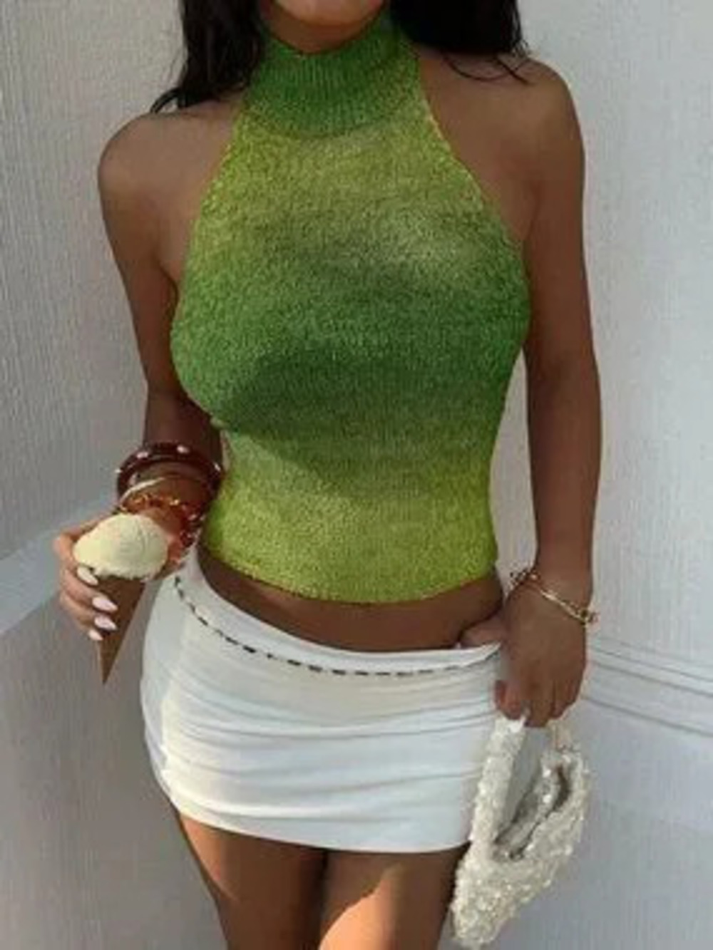 ZARA Green Y2K Backless Halter Sexy Casual Gradient Women's Knit Top